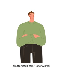 Portrait of young sad man in casual outfit with crossed arms. Upset male character standing isolated on white background. Cartoon flat vector illustration.