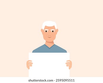 portrait of young senior man holding empty white paper sheet or  showing blank sign poster over isolated background. vector and illustration.
