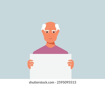 portrait of young senior man holding empty white paper sheet or  showing blank sign poster over isolated background. vector and illustration.