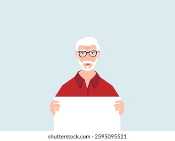 portrait of young senior man holding empty white paper sheet or  showing blank sign poster over isolated background. vector and illustration.