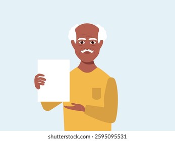 portrait of young senior man holding empty white paper sheet or  showing blank sign poster over isolated background. vector and illustration.