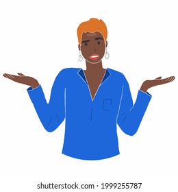 Portrait of young shocked afro american woman with casual style looking desperate or panic, keeping mouth open and making helpless gesture with her hands, doesn't know what to do. Person using non-ver