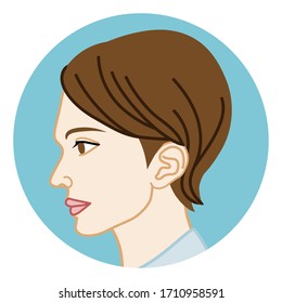 Portrait of young short hair woman - side view, circular clip art