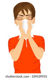 portrait of young sick man ill suffering allergy using white tissue on noseisolated on white background