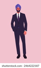 Portrait of a young Sikh man with a beard in a turban stands full-length. Portrait of a businessman. Vector flat illustration