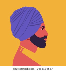 Portrait of a young Sikh man with a beard in a turban Profile of a businessman. Side view. Vector flat illustration