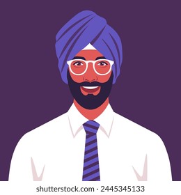 Portrait of a young Sikh man. The head of a guy with a beard in a turban. Portrait of a businessman. Vector flat illustration