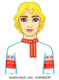 Portrait of a young Slavic man in ancient Russian clothes.  Vector illustration isolated on a white background.