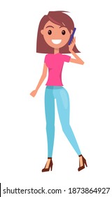 Portrait of young smiling girl wearing pink t-shirt and jeans, stylish shoes at heels. Isolated fashionable cartoon character with bob hairstyle at white. Cheerful girl posing, talking by phone