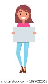 Portrait of young smiling girl wearing pink t-shirt and jeans, stylish shoes at heels. Isolated cartoon character at white background. Cheerful girl posing, holding empty banner, paper. Place for text