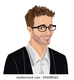 Portrait of young smiling man wearing black suit, businessman, business person. Vector illustration isolated on white.