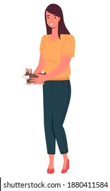 Portrait of young smiling woman with cute hamster in hands. Cheerful girl carries her little pet. Cartoon female character holding brown cavy flat vector design. Mistress with domestic animal rodent