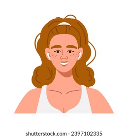 Portrait of a young smiling woman with red curly hair and headphones in her ears. An avatar of a female character for a social media profile. Bright vector illustration in a flat style