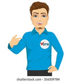 portrait of young student council candidate promoting himself isolated on white background