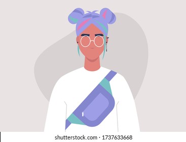 A portrait of a young stylish girl wearing a colourful hair, street style fashion