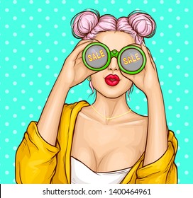 Portrait of young stylish woman with pink hair, using binoculars, searching and looking for shop seasonal sales, store holiday discounts campaign pop art vector illustration. Shopping banner template