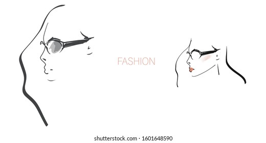 Portrait of young stylish woman in sunglasses. Fashion illustration in sketch style. Vector