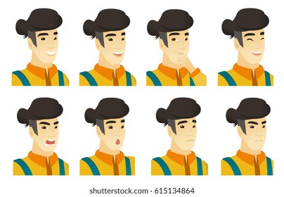 Portrait of young surprised farmer with opened mouth. Farmer with surprised face expression. Set of farmer with different facial emotions. Vector flat design illustrations isolated on white background