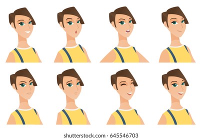 Portrait of young surprised farmer with opened mouth. Farmer with surprised face expression. Set of farmer with different facial emotions. Vector flat design illustrations isolated on white background