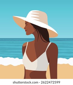 Portrait of young tanned woman in hat on the beach on vacation. Summer vacation at sea in the tropics. Vector illustration for tourism and travel projects