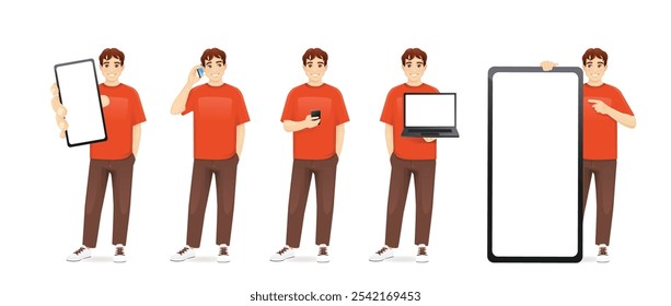 Portrait of young teenage man in casual clothes holding devices, talking, texting and showing empty screens of mobile phone and laptop computer. Isolated set vector illustration set