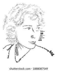 A portrait of a young thinking woman with curly hairs made using texts and words. And idea for depicting a writer, thinker, philosopher or contemplation process. Suitable for cards, t-shirts, clothes