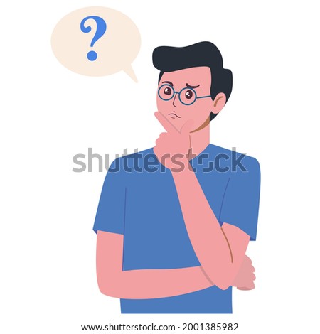 Portrait of young troubled man. Boy with question mark in think bubble. People thinking or solving problem. Dilemma vector flat cartoon concept illustration isolated on white background.