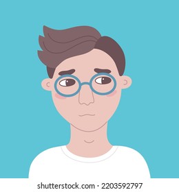 Portrait of young unsmiling guy in glasses. Thoughtful teenager looks sideways. Vector cartoon person with a pensive face expression on a blue background. Hand drawn avatar for social network.