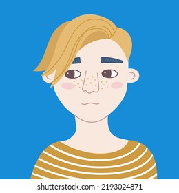 Portrait of young unsmiling guy with trendy hairstyle. Unhappy teenager looks sideways. Vector cartoon person with a pensive face expression on a blue background. Hand drawn avatar for social