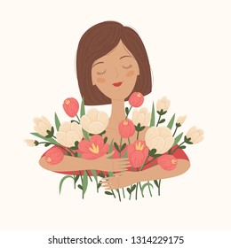 Portrait of the young white girl with big bouquet of flowers. Floral greeting card template, perfect for Women's Day or Mother's Day. Vector illustration