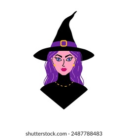 Portrait of young witch in doodle style on a white background.