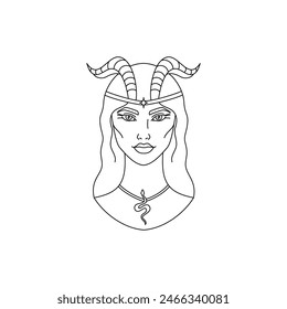 Portrait of a young witch in line art style on white background.