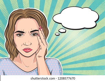 Portrait of young woman angry face, very upset and stressed, negative reaction with thinking could. Vector illustration in pop art retro comic style.