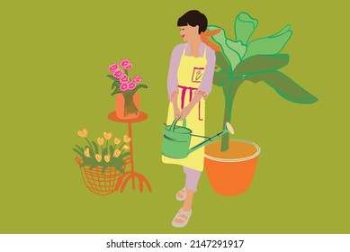 Portrait of a young woman in apron with watering can taking care of flowers and plants isolated on green background. Vector illustration