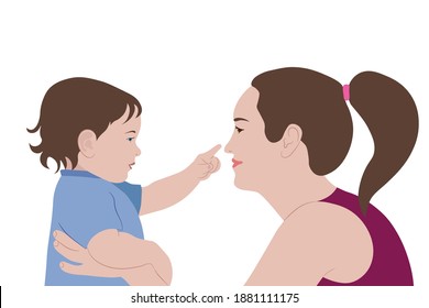 Portrait of a young woman with a baby, a child tries to touch his mother's nose with his index finger