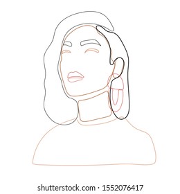 Portrait a young woman beauty in a minimalist, abstract trendy style with earring. Hand drawn vector illustration for contemporary fashion concept. Graphic, sketch drawing.