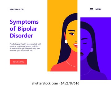 Portrait of a young woman with bipolar disorder. Happy and depressed mood. Mental health. Website template. Bright vector flat illustration