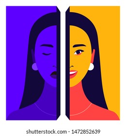 Portrait of a young woman with bipolar disorder. Happy and depressed person. Mental health. Bright vector flat illustration