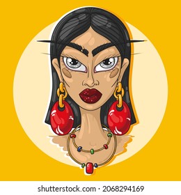 portrait of a young woman with black hair and bulky earrings