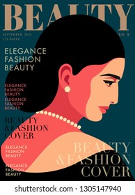 Portrait of young woman. Woman in black wearing earrings and necklace, looking down. Fashion magazine cover design. Vector illustration