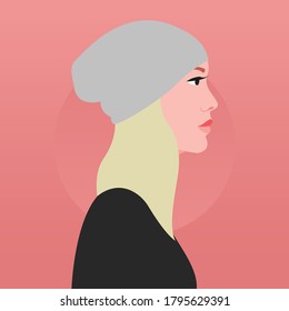 portrait of young woman. Blond woman with Beanie. Side view. Avatar. Vector flat illustration