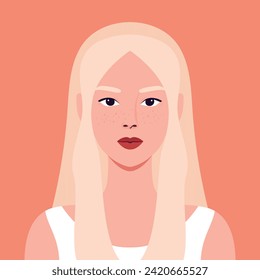 Portrait of a young woman with blond hair and freckles. Avatar for social media. Vector illustration