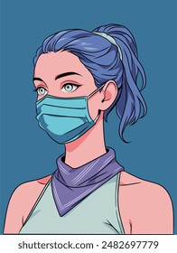 Retrato Mujer joven con pelo azul que lleva una máscara facial y bufanda - Ilustración vectorial