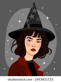 Portrait of a young woman with a bob. The girl in a witch's hat with stars and a red jacket. Witch, sorceress. Halloween and Samhain. Cartoon vector illustration. Brunette with brown eyes. 