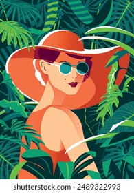 Portrait of a young woman in a bright red dress, glasses and hat in the tropical rainforest. Handmade drawing vector illustration. Retro style poster.