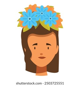 Portrait of a young woman with brown hair wearing a crown of blue and orange flowers