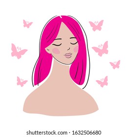 	
Portrait of a young woman with butterflies, girl in love. Vector illustration.