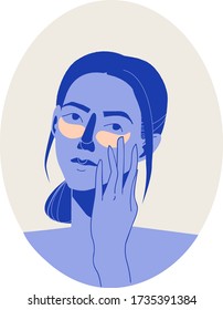 Portrait of the young woman cleansing or moisturizing her skin. Everyday skincare routine. Vector colorful isolated illustration.