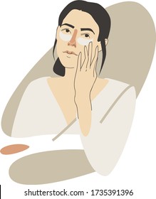 Portrait of the young woman cleansing or moisturizing her skin. Everyday skincare routine. Vector colorful isolated illustration.