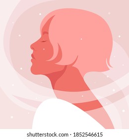 Portrait of a young woman with closed eyes. Side view. Profile with snow. Christmas and winter holidays. Vector illustration in flat style.